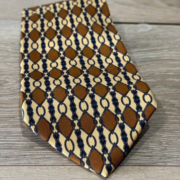 Vintage Tom James Men's Silk Tie Brown Blue Chain Pattern - Picture 1 of 3